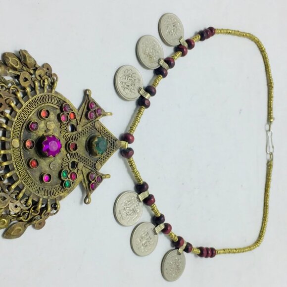 Vintage Coins Pendant Necklace, Metal And Wooden Beaded Chain Necklace - Picture 8 of 12